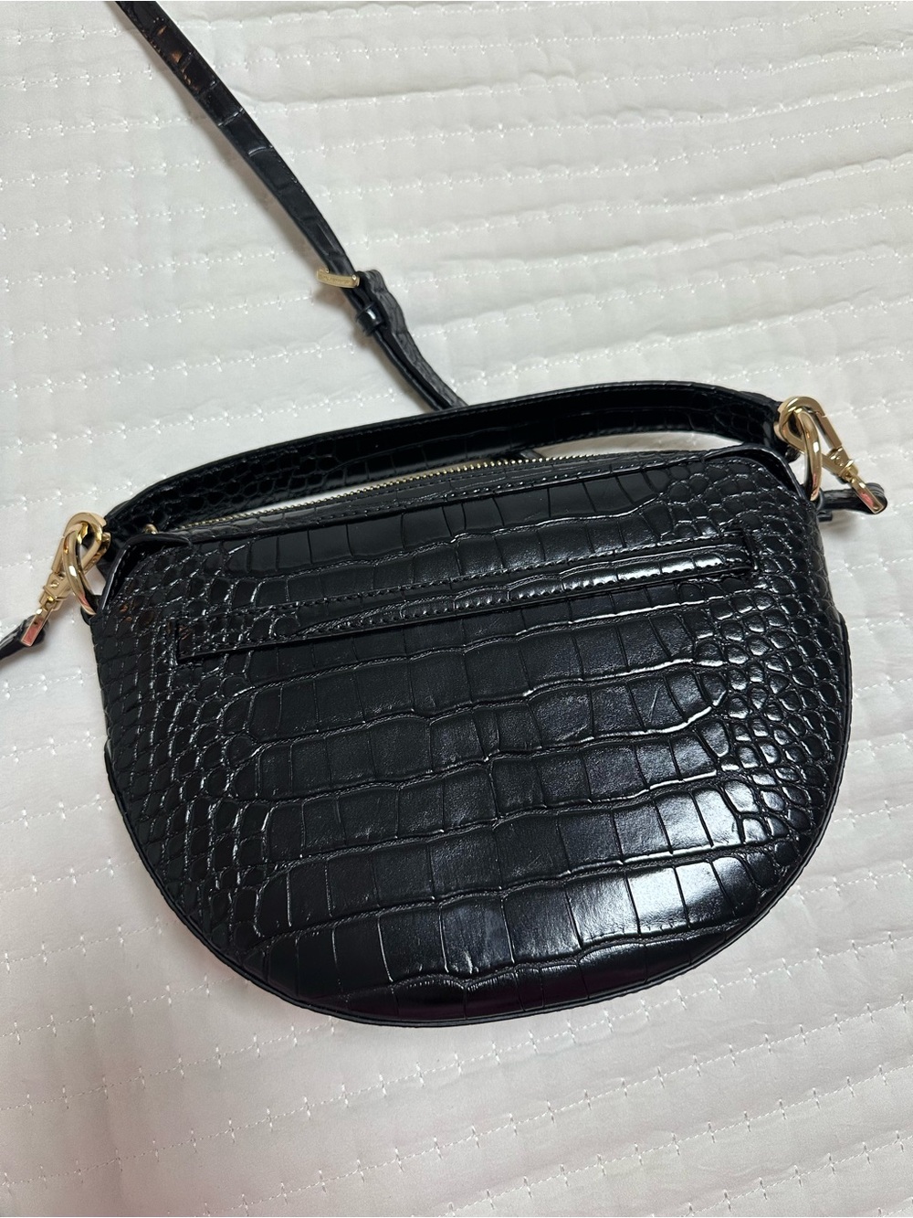 Michael Kors Black Croc-Embossed Half Moon Mini Shoulder Bag with Gold Hardware - Picture 4 of 7